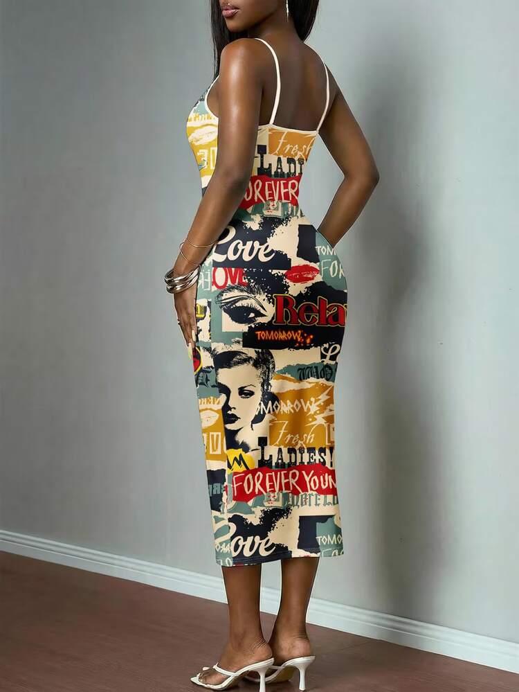 Slaydiva Vintage Poster Print Casual Plus Size Dress, Suitable For Music Festivals - Multicolor - View 2