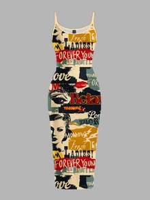 Slaydiva Vintage Poster Print Casual Plus Size Dress, Suitable For Music Festivals - Multicolor - View 4