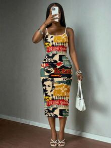 Slaydiva Vintage Poster Print Casual Plus Size Dress, Suitable For Music Festivals - Multicolor - View 7