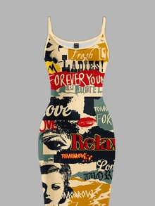 Slaydiva Vintage Poster Print Casual Plus Size Dress, Suitable For Music Festivals - Multicolor - View 9