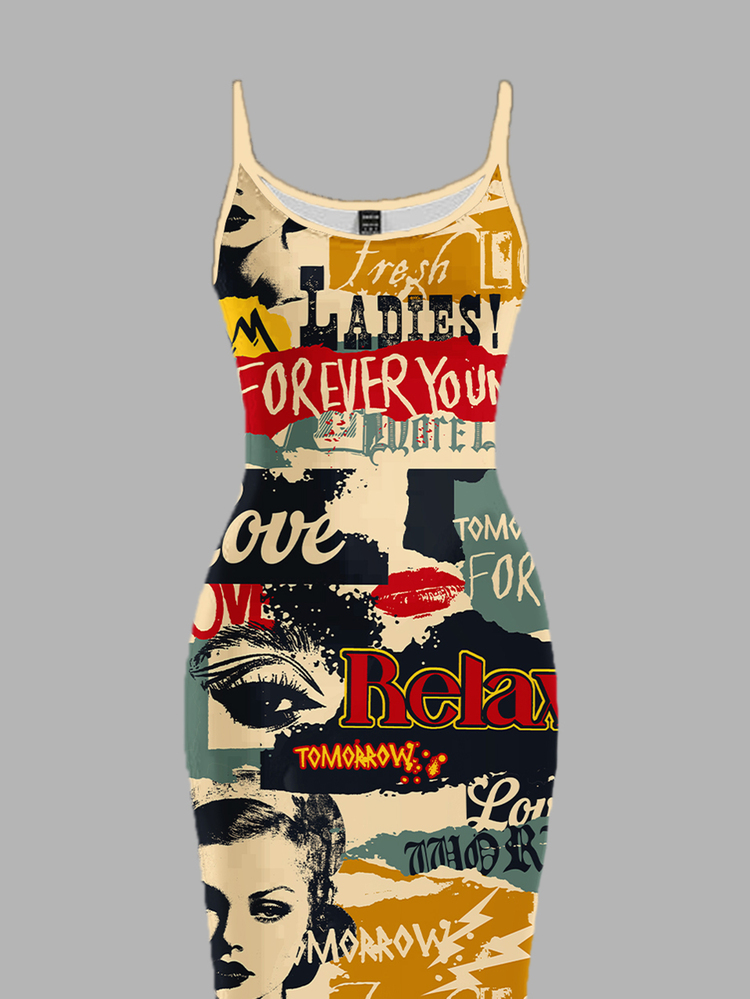 Slaydiva Vintage Poster Print Casual Plus Size Dress, Suitable For Music Festivals - Multicolor - View 9