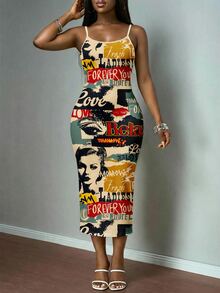 Slaydiva Vintage Poster Print Casual Plus Size Dress, Suitable For Music Festivals - Multicolor - View 8
