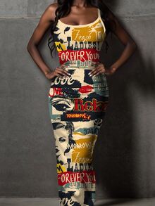 Slaydiva Vintage Poster Print Casual Plus Size Dress, Suitable For Music Festivals - Multicolor - View 6