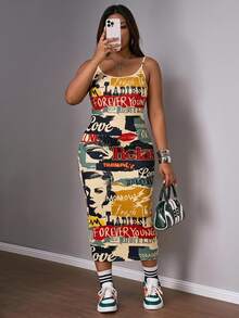 Slaydiva Vintage Poster Print Casual Plus Size Dress, Suitable For Music Festivals - Multicolor - View 1