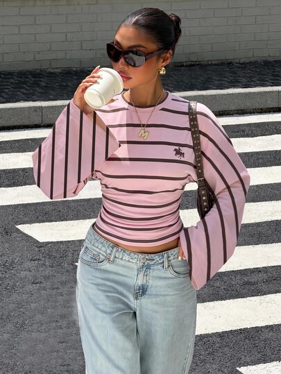 Muchica Camiseta de Manga Longa Slim Fit com Manga Morcego Cinza, Nova para o Outono, Top Básico Elegante e Casual para Primavera Verão Outono Inverno, Adequado para Passeios e Festas, Feminino