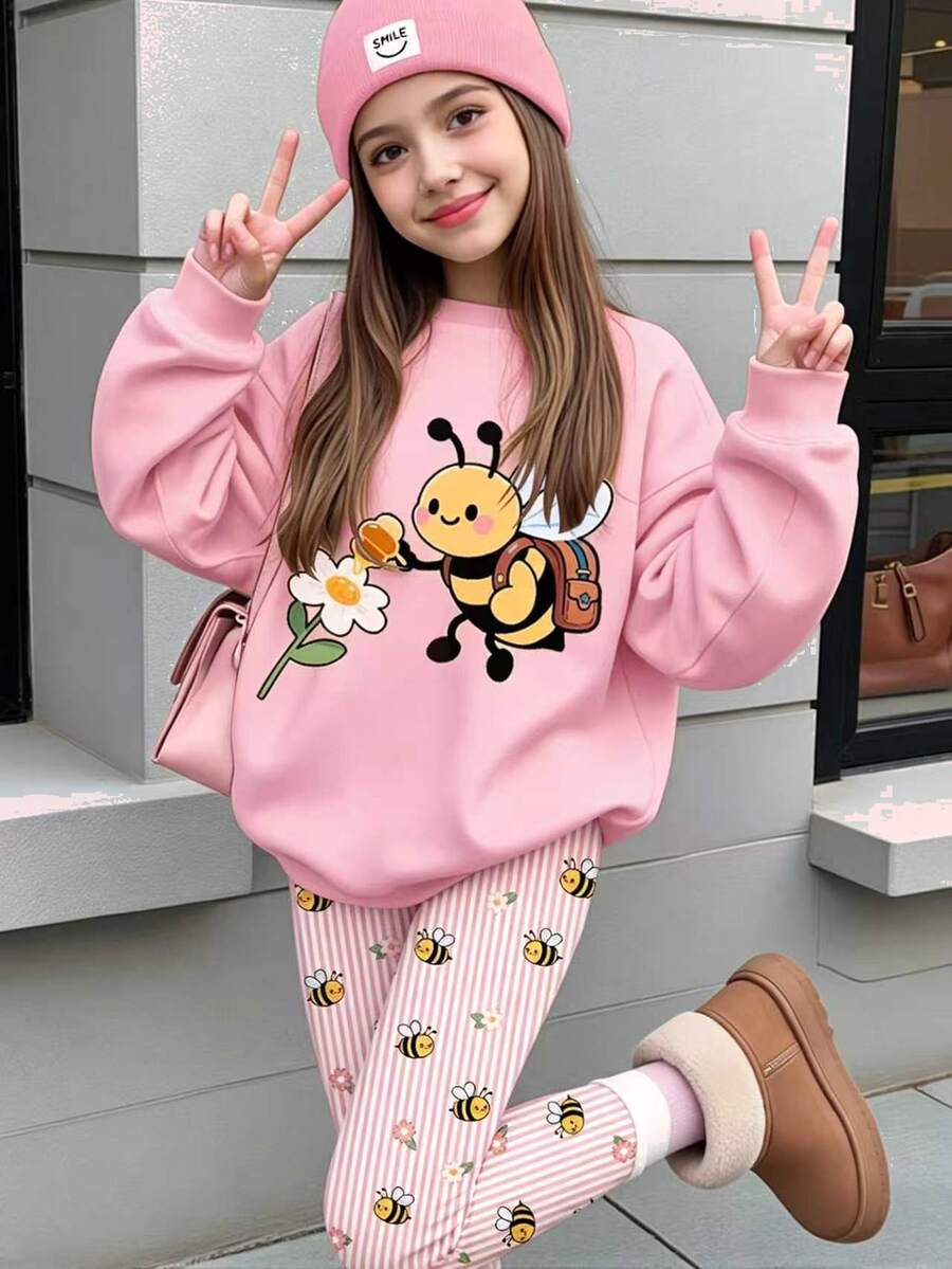 Tween女孩可愛蜜蜂圖案花卉鄉村風粉色圓領長袖衛衣與內搭褲2件套,適合秋冬,圖案舒適女孩套裝,Y2K復古開學可愛風 - 白色 - 查看 1