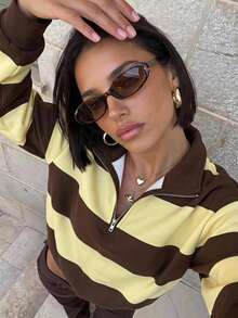 Aloruh Women's Early Autumn Casual Versatile Brown Striped Sweatshirt, Suitable For Outfits, College Style Sweatshirt - Multicolor - View 1