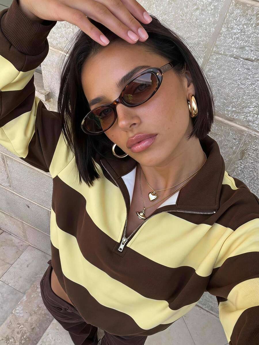 Aloruh Women's Early Autumn Casual Versatile Brown Striped Sweatshirt, Suitable For Outfits, College Style Sweatshirt - Multicolor - View 1