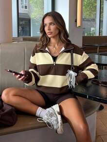 Aloruh Women's Early Autumn Casual Versatile Brown Striped Sweatshirt, Suitable For Outfits, College Style Sweatshirt - Multicolor - View 2
