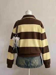 Aloruh Women's Early Autumn Casual Versatile Brown Striped Sweatshirt, Suitable For Outfits, College Style Sweatshirt - Multicolor - View 5
