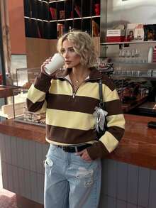 Aloruh Women's Early Autumn Casual Versatile Brown Striped Sweatshirt, Suitable For Outfits, College Style Sweatshirt - Multicolor - View 4