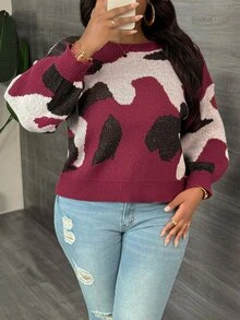Veslaya 大码女式休闲军绿色迷彩图案套头衫 - 酒紅色 - 查看 4