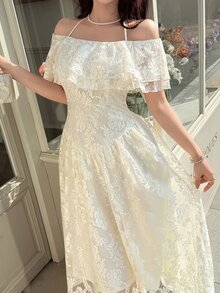 Feyla 女士露肩荷叶边蕾丝吊带中长连衣裙，优雅 - 杏色 - 查看 4