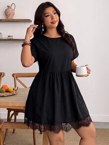 Enliva Plus-Size Women's Casual Basic Black Lace Long-Sleeved Babydoll DressApple,Rounded Body Fall - Black - View 5