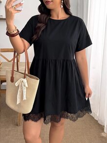 Enliva Plus-Size Women's Casual Basic Black Lace Long-Sleeved Babydoll DressApple,Rounded Body Fall - Black - View 3
