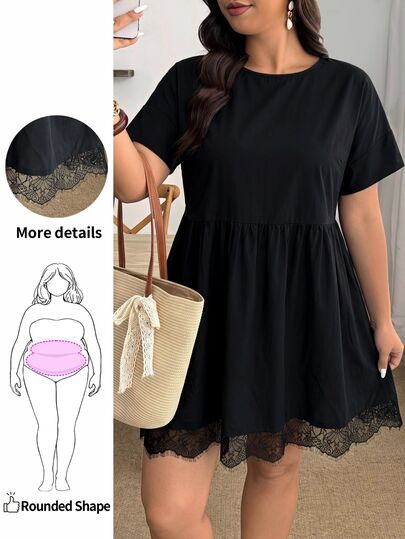 Enliva Plus-Size Women's Casual Basic Black Lace Long-Sleeved Babydoll DressApple,Rounded Body Fall