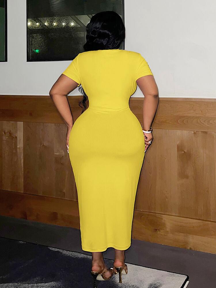 Veslaya Slayr Women Plus Size V-Neck Short Sleeve Bodycon Light Yellow Dress Date Night Summer Business Casual - Yellow - View 2