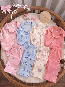 SHEIN Baby Girl Casual Cute Knitted Cartoon Pattern Loungewear Set - Pink - View 1