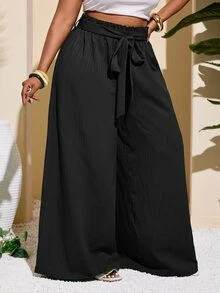 Veslaya Plus Size Women Casual & Vacation & Simple & Colorful Textured Striped Straight Leg Green Pants Summer Clothes Clothing Formal Business - Black - View 5