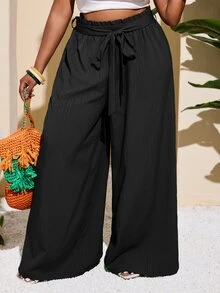 Veslaya Plus Size Women Casual & Vacation & Simple & Colorful Textured Striped Straight Leg Green Pants Summer Clothes Clothing Formal Business - Black - View 6
