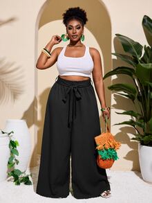 Veslaya Plus Size Women Casual & Vacation & Simple & Colorful Textured Striped Straight Leg Green Pants Summer Clothes Clothing Formal Business - Black - View 4