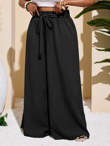 Veslaya Plus Size Women Casual & Vacation & Simple & Colorful Textured Striped Straight Leg Green Pants Summer Clothes Clothing Formal Business - Black - View 7