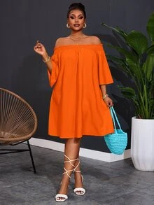 Veslaya Plus Size Women Off Shoulder Elegant Commuter & Vacation A-Line Dress,Summer Outfits For Women - Orange - View 5