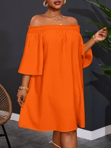 Veslaya Plus Size Women Off Shoulder Elegant Commuter & Vacation A-Line Dress,Summer Outfits For Women - Orange - View 6