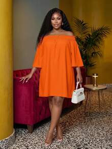 Veslaya Plus Size Women Off Shoulder Elegant Commuter & Vacation A-Line Dress,Summer Outfits For Women - Orange - View 1