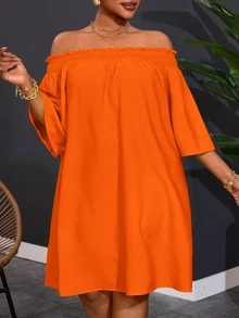 Veslaya Plus Size Women Off Shoulder Elegant Commuter & Vacation A-Line Dress,Summer Outfits For Women - Orange - View 3