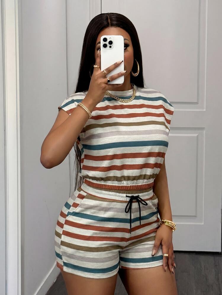 Veslaya Summer Women's Plus Size Crew Neck Sleeveless T-Shirt And Shorts 2pcs Daily Sport Cowboy Vacation Beach Back To School Loungewear Beige Cowboy - Multicolor - View 3