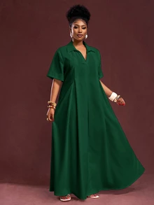Veslaya Spring/Summer New Arrival Vacation & Commute & Casual White Loose Short Sleeve V-Neck Pleated A-Line Maxi Shirt Dress For Plus Size Women/Christmas - Dark Green - View 5