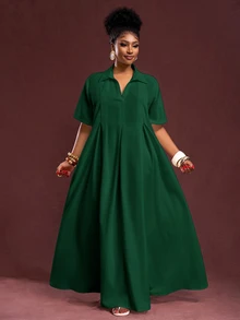 Veslaya Spring/Summer New Arrival Vacation & Commute & Casual White Loose Short Sleeve V-Neck Pleated A-Line Maxi Shirt Dress For Plus Size Women/Christmas - Dark Green - View 4