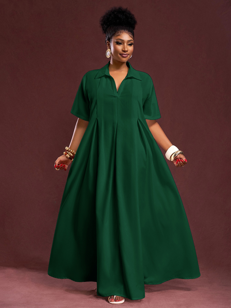 Veslaya Spring/Summer New Arrival Vacation & Commute & Casual White Loose Short Sleeve V-Neck Pleated A-Line Maxi Shirt Dress For Plus Size Women/Christmas - Dark Green - View 4