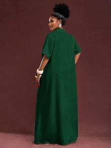 Veslaya Spring/Summer New Arrival Vacation & Commute & Casual White Loose Short Sleeve V-Neck Pleated A-Line Maxi Shirt Dress For Plus Size Women/Christmas - Dark Green - View 2