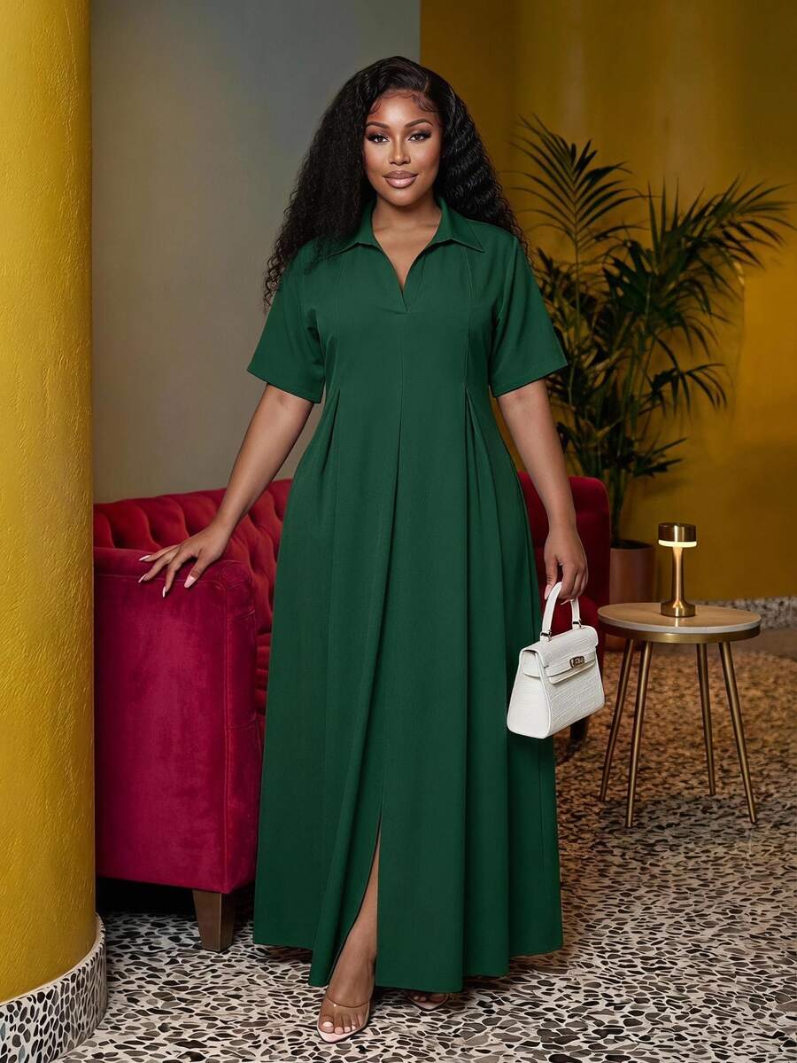 Veslaya Spring/Summer New Arrival Vacation & Commute & Casual White Loose Short Sleeve V-Neck Pleated A-Line Maxi Shirt Dress For Plus Size Women/Christmas - Dark Green - View 1