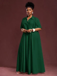 Veslaya Spring/Summer New Arrival Vacation & Commute & Casual White Loose Short Sleeve V-Neck Pleated A-Line Maxi Shirt Dress For Plus Size Women/Christmas - Dark Green - View 9