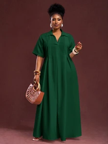 Veslaya Spring/Summer New Arrival Vacation & Commute & Casual White Loose Short Sleeve V-Neck Pleated A-Line Maxi Shirt Dress For Plus Size Women/Christmas - Dark Green - View 8