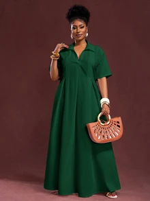 Veslaya Spring/Summer New Arrival Vacation & Commute & Casual White Loose Short Sleeve V-Neck Pleated A-Line Maxi Shirt Dress For Plus Size Women/Christmas - Dark Green - View 6
