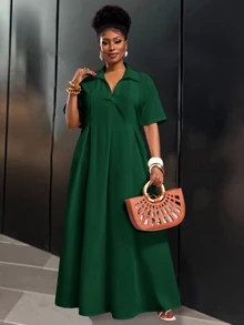 Veslaya Spring/Summer New Arrival Vacation & Commute & Casual White Loose Short Sleeve V-Neck Pleated A-Line Maxi Shirt Dress For Plus Size Women/Christmas - Dark Green - View 3