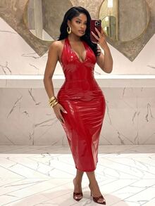 Veslaya Plus Size Women's Dress, Burgundy Halter Patent Leather Midi Bodycon Dress Fall - Red - View 9