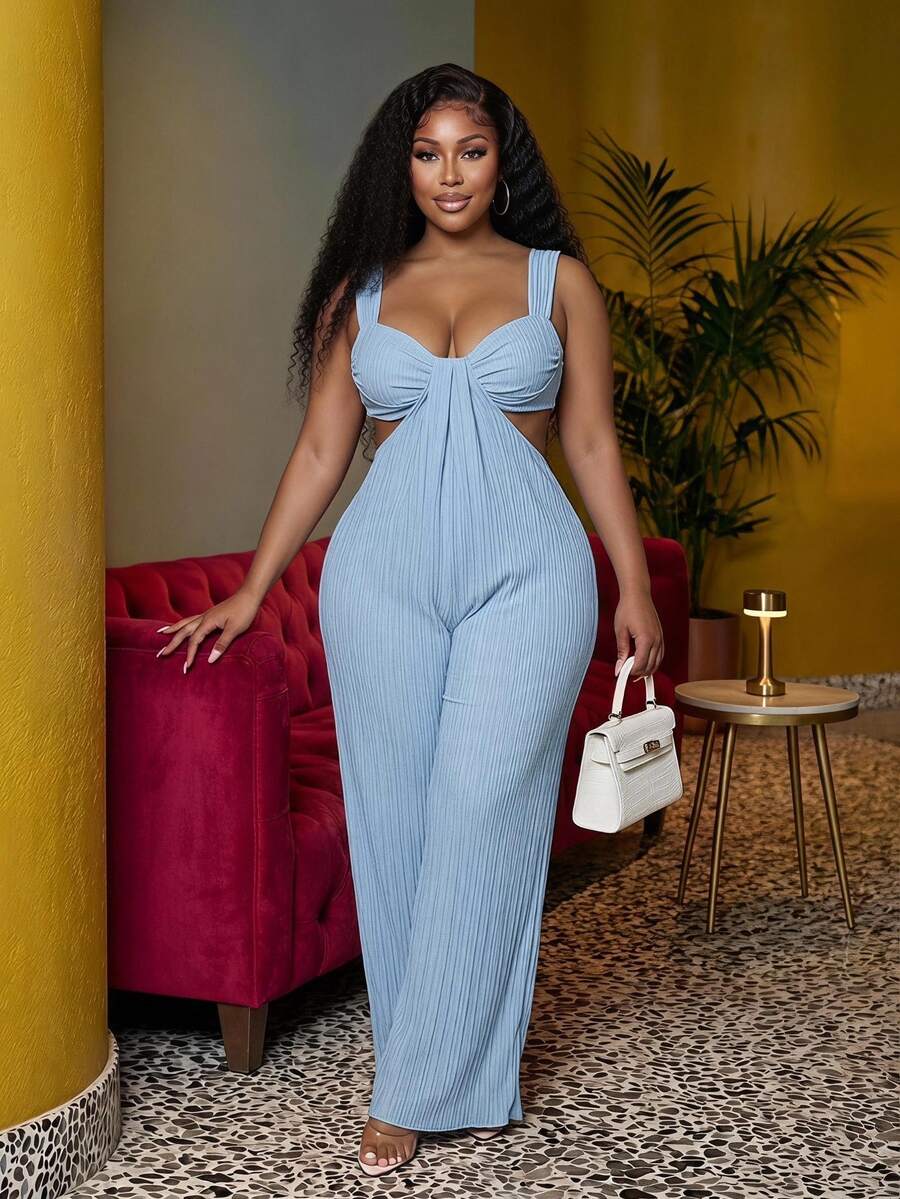 Veslaya Ny vår/sommar extra lång jumpsuit för kvinnor i plus size, - Blå - Visa 1