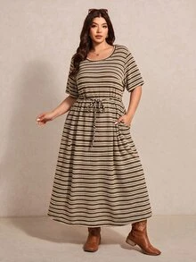 SHEIN CURVE+ 大尺碼女款棕色圓領短袖腰部打結休閒復古 1920 年代 80 年代風格連身裙 感恩節度假夏季 - 彩色 - 查看 6