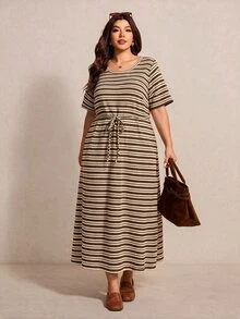 SHEIN CURVE+ 大尺碼女款棕色圓領短袖腰部打結休閒復古 1920 年代 80 年代風格連身裙 感恩節度假夏季 - 彩色 - 查看 4
