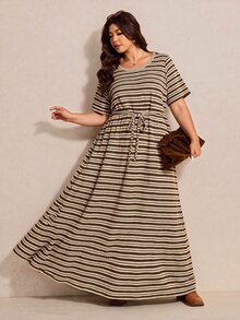 SHEIN CURVE+ 大尺碼女款棕色圓領短袖腰部打結休閒復古 1920 年代 80 年代風格連身裙 感恩節度假夏季 - 彩色 - 查看 3