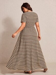 SHEIN CURVE+ 大尺碼女款棕色圓領短袖腰部打結休閒復古 1920 年代 80 年代風格連身裙 感恩節度假夏季 - 彩色 - 查看 8