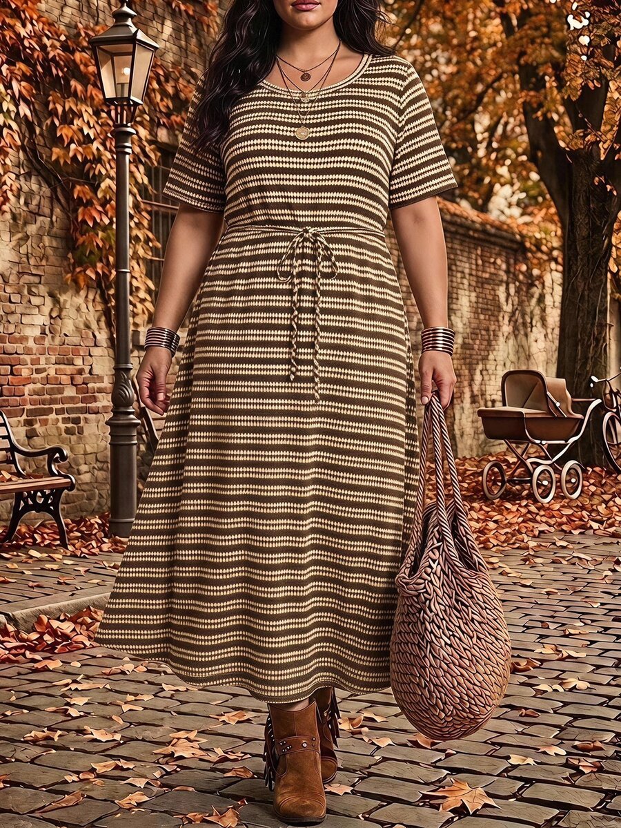 SHEIN CURVE+ 大尺碼女款棕色圓領短袖腰部打結休閒復古 1920 年代 80 年代風格連身裙 感恩節度假夏季 - 彩色 - 查看 1