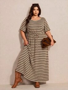 SHEIN CURVE+ 大尺碼女款棕色圓領短袖腰部打結休閒復古 1920 年代 80 年代風格連身裙 感恩節度假夏季 - 彩色 - 查看 2