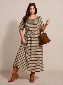 SHEIN CURVE+ 大尺碼女款棕色圓領短袖腰部打結休閒復古 1920 年代 80 年代風格連身裙 感恩節度假夏季 - 彩色 - 查看 7