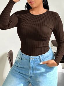 SHEIN EZwear 休閒簡約棕色針織大尺碼圓領修身長袖保暖內裡連身衣，適合秋冬穿著 - 棕色 - 查看 3